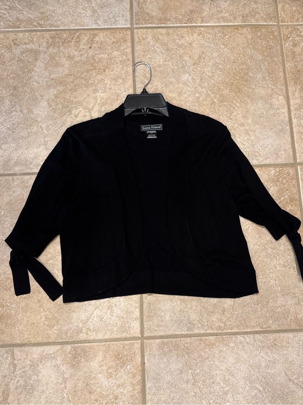 Jessica Howard Black Cropped Open-Front Cardigan with Tie Cuffs